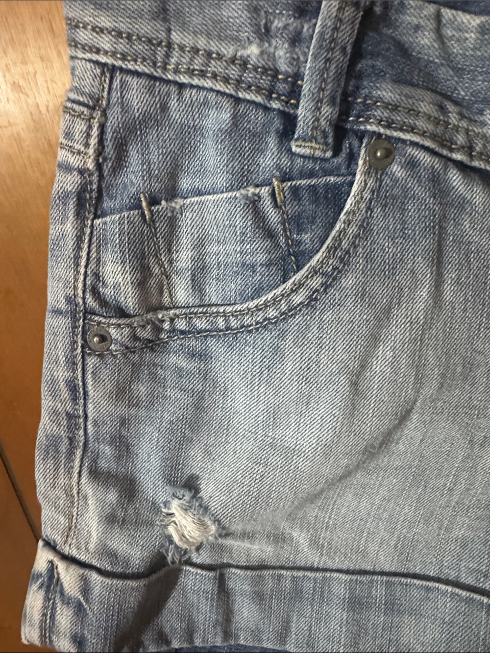 Express Faded Light Blue Distressed Denim Shorts - Picture 5 of 9